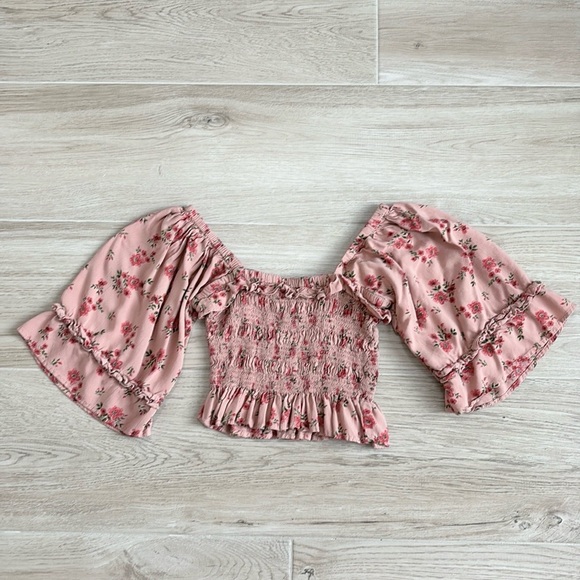 Angie Pink Floral Smocked Cropped Bell Sleeve Shirt - Picture 4 of 4